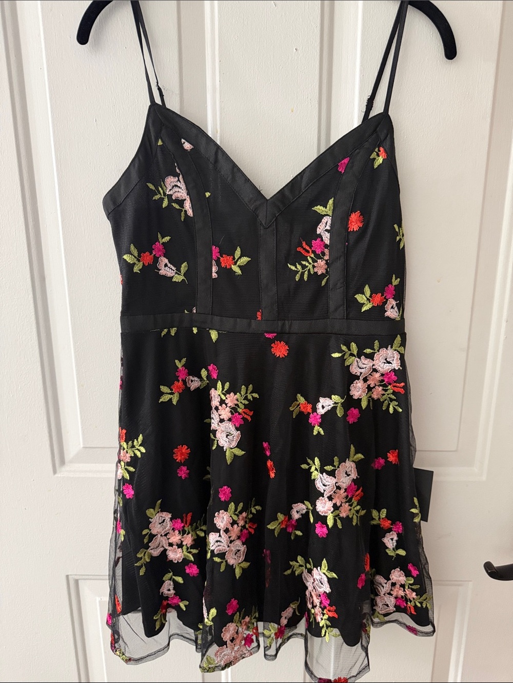 Lulu's Black Mini Dress with Pink & Fuchsia Floral Embroidery